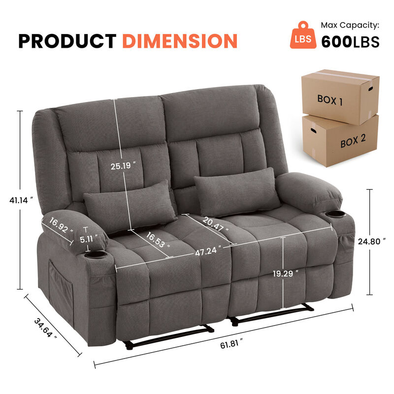 61.81 in. Wide Pillow Top Arm Fabric Rectangle Reclining Sofa with Cupholders