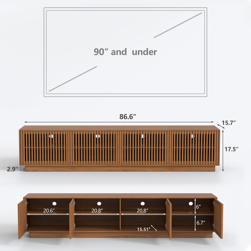 Wooden TV Stand with 4 Slatted Doors for Living Room, Walnut image number 5