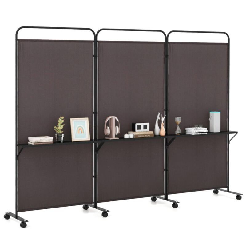 Hivvago 3-Panel Folding Room Divider with 3 Metal Shelves and Lockable Wheels