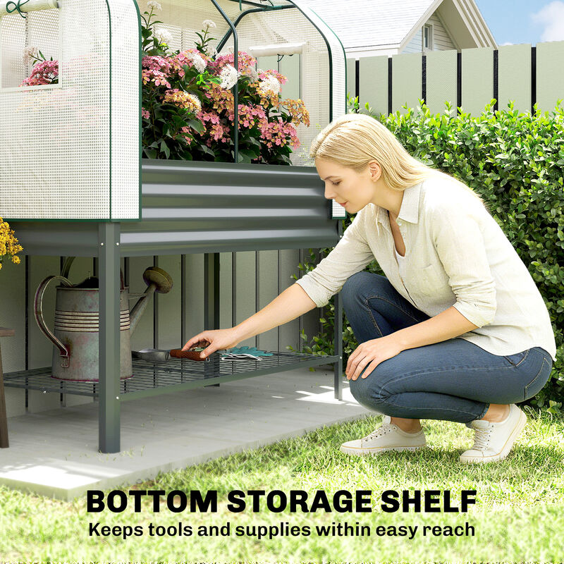 Hivvago Metal Raised Planter with Greenhouse Cover and Shelf image number 6