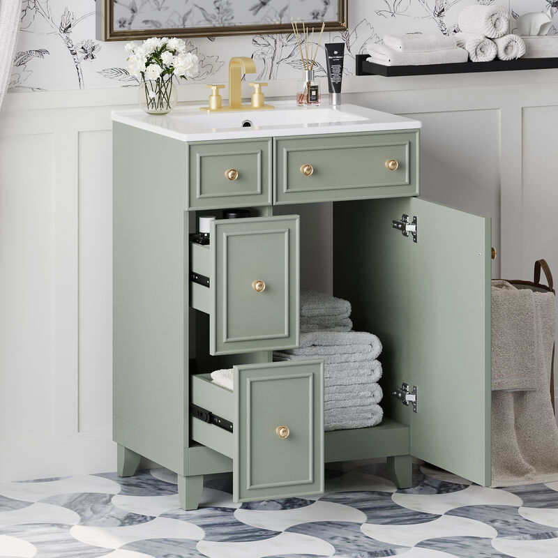 Whisen 24" Bathroom Storage Cabinet Bathroom Vanity with Ceramic Sink and 2 Drawers