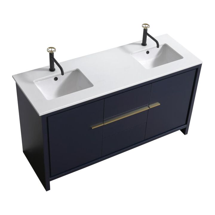 Kubebath 60″ Double Sink Blue  Modern Bathroom Vanity with White Quartz Counter-Top
