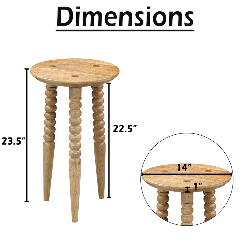 Geya Round Side Table, Tripod Spindle Legs, Natural Brown Mango Wood, 24 Inch High image number 3