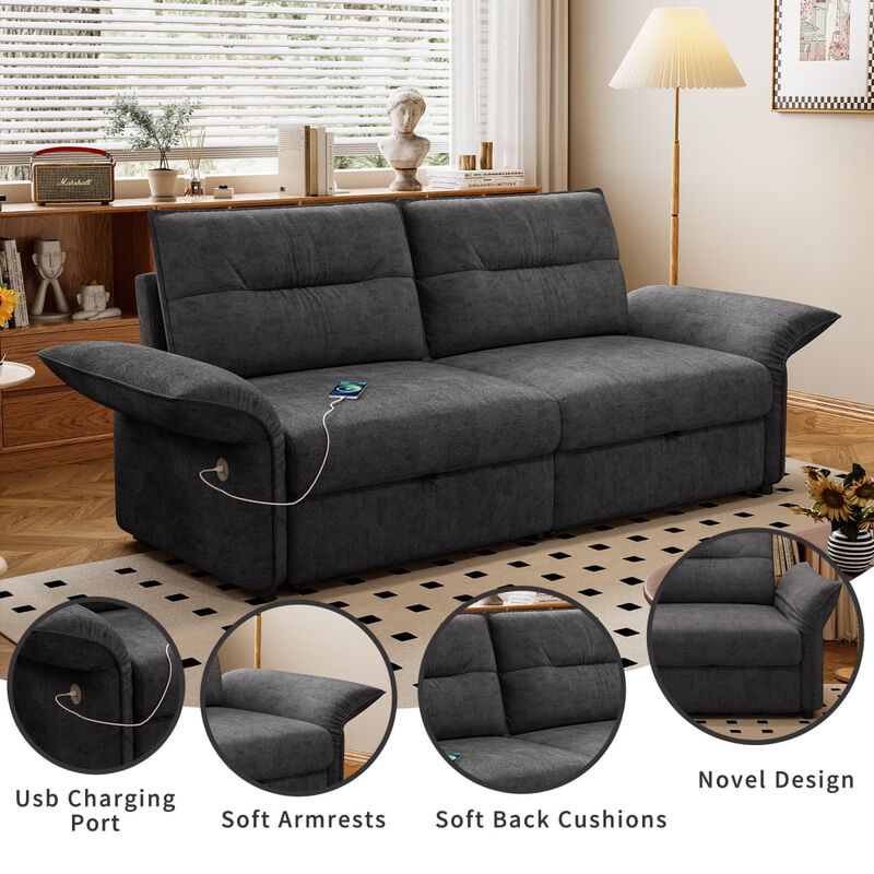 Convertible sleeper sofa bed, Plush fabric pull out futon with USB charging ports, 85 inch sofa bed for small spaces image number 6