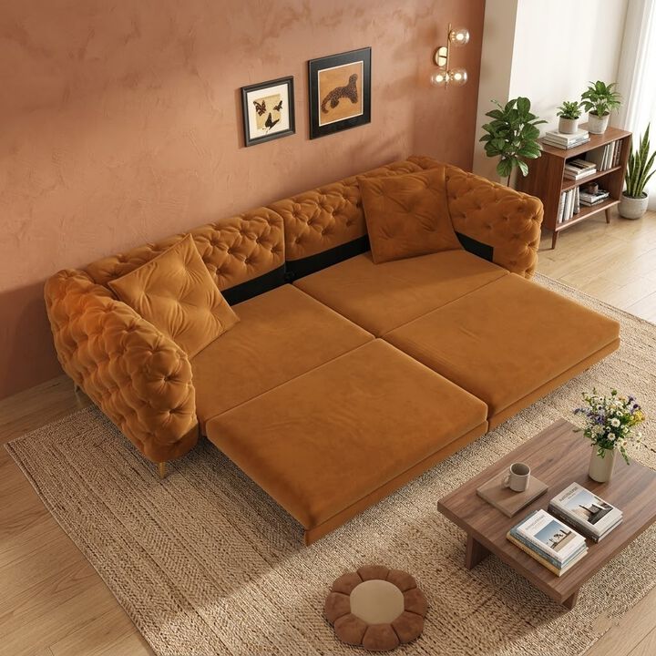 Whisen 97.7" 4-Seat Convertible Sleeper Sofa, Velvet 3-in-1 with Ottoman for Apartment Office