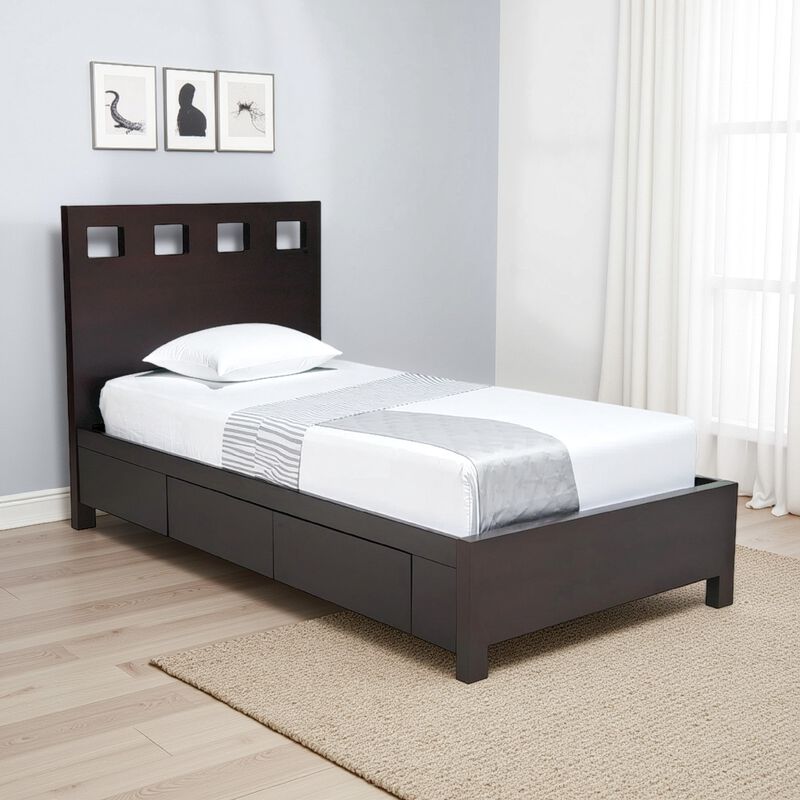 Yee Queen Storage Bed, Espresso Brown Finish, 4 Drawers, Cut Out Headboard - Benzara