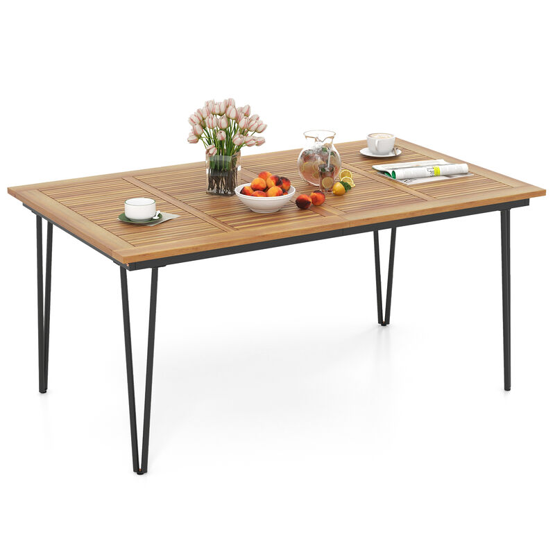 Rectangular Outdoor Dining Table for 6 People with Acacia Wood Tabletop and Umbrella Hole