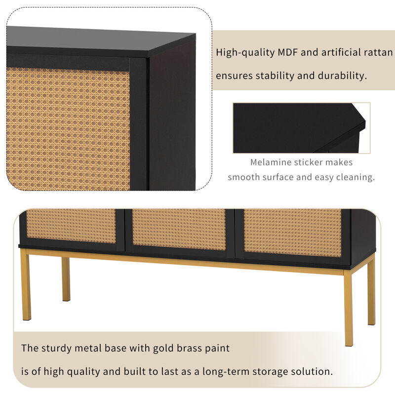 Large Storage Space Sideboard with Artificial Rattan Door and Rebound Device for Living Room and Entryway (Black)