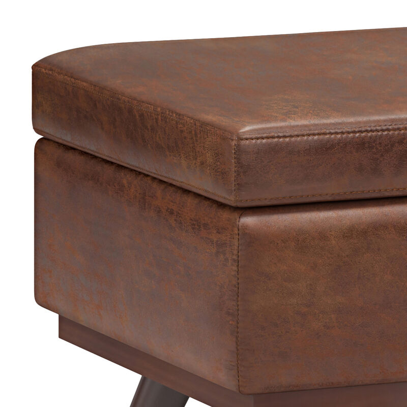 Owen Lift Top Large Coffee Table Storage Ottoman in Distressed Saddle Brown Faux Leather