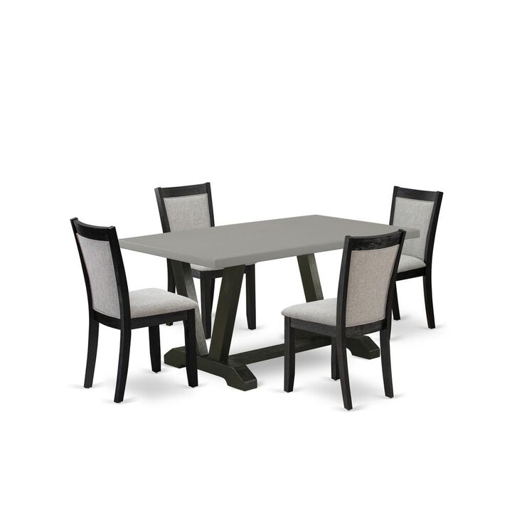 East West Furniture 5 Piece Dining Table Set - A Cement Top Modern Dining Table with Trestle Base and 4 Shitake Linen Fabric Dining Chairs - Wire Brushed Black Finish