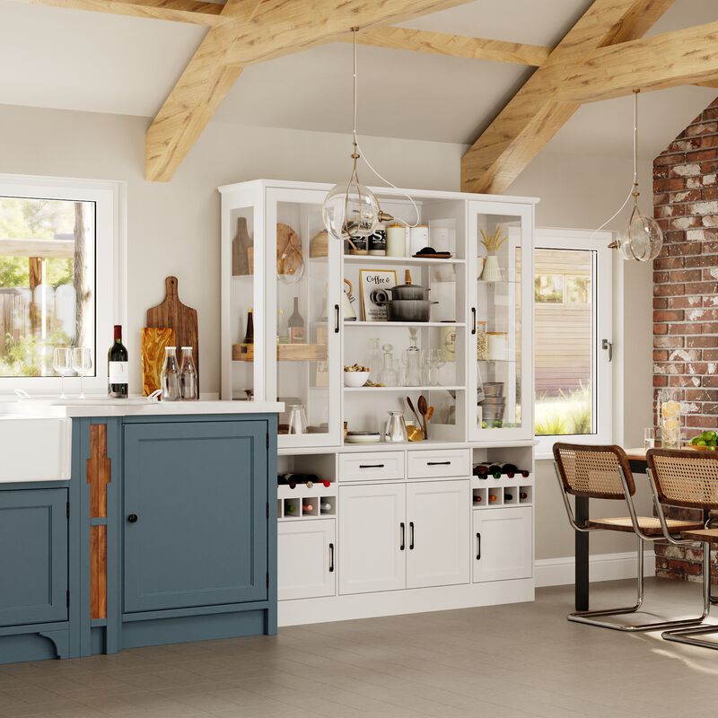 FUFU&GAGA White Display Storage Cabinet with Glass Doors, Adjustable Shelves & Drawers, High-Gloss Finish, Anti-Tip Design (63 in. W x 15.7 in. D x 78.7 in. H), White