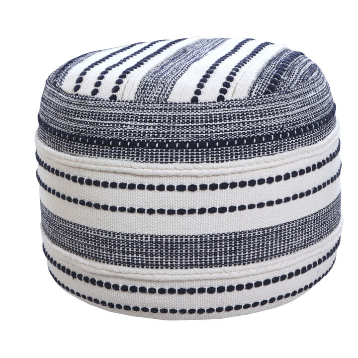 Hivvago 18 Inch Blue Cotton Cylinder Striped Pouf Ottoman