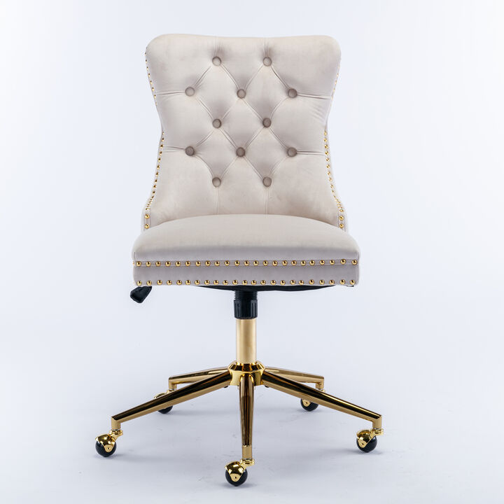 Office Chair,Velvet Upholstered Tufted Button Home Office Chair with Golden Metal Base,Adjustable Desk Chair Swivel Office Chair (Beige)