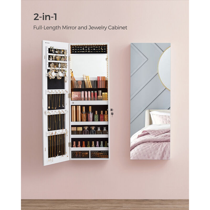 Jewelry Cabinet Armoire with LED Lights - Wall-Mounted with Full-Length Frameless Mirror