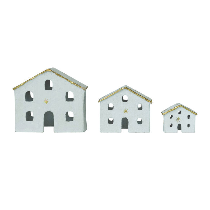 3-Piece Charming Paper Mache Houses with Gold Foil Stars and Trim, White