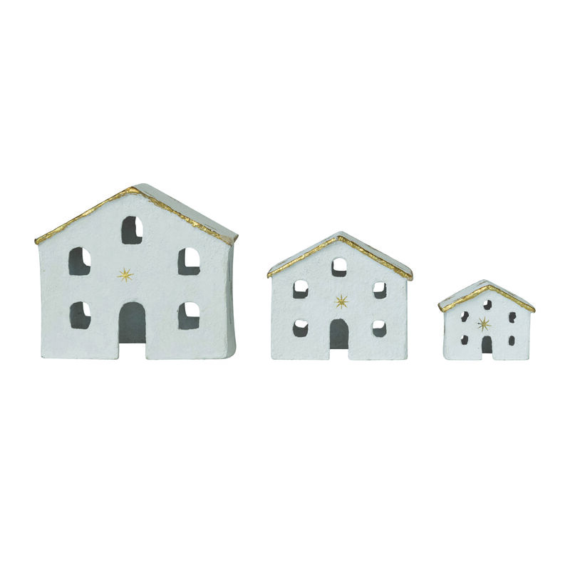 3-Piece Charming Paper Mache Houses with Gold Foil Stars and Trim, White image number 0