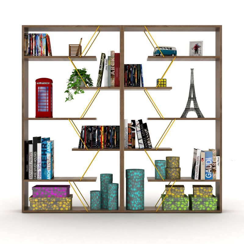 Furnish Home Store Wood Frame Etagere Open Back 6 Shelves Bookcase Industrial Bookshelf for Office and Living Rooms Modern Bookcases Large Bookshelf Organizer, Walnut/Yellow