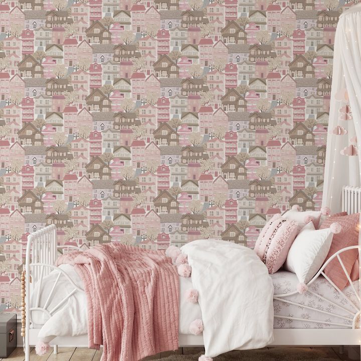 Kids and Teens Whimsical Houses Pink Wallpaper G78602