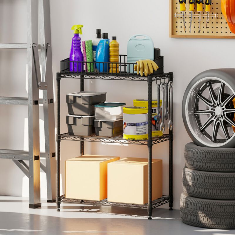 3-Tier Metal Storage Shelving Unit 450 LBS Capacity with V-Shaped Wire Rack and Hooks image number 2