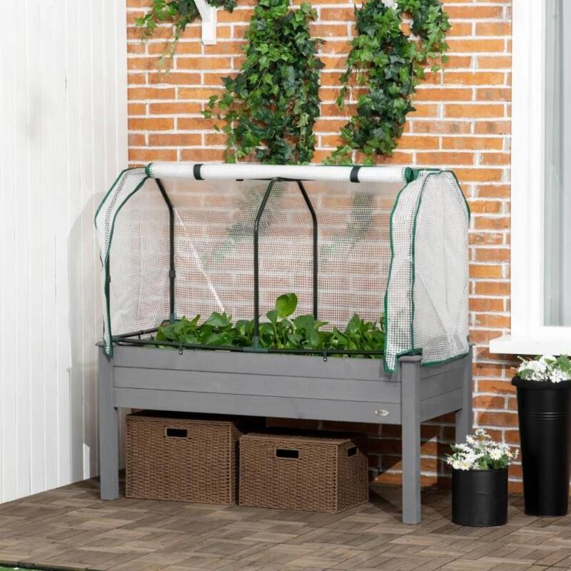 Hivvago Grey Wood Elevated Raised Garden Bed Planter with Greenhouse Cover