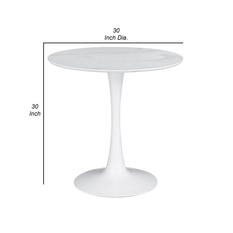 Loxi 30 Inch Round Dining Table, White Faux Marble Top, Tulip Accent Body - Benzara image number 5