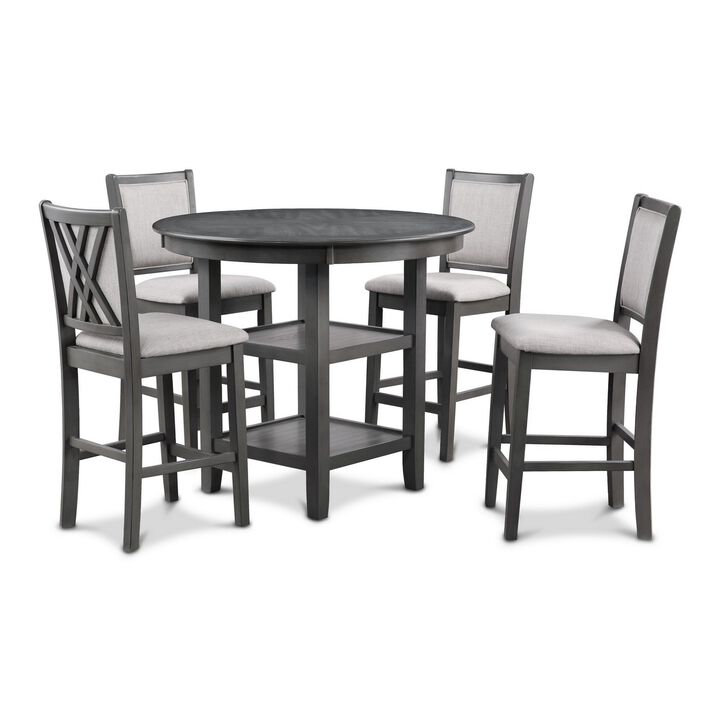 Isla 5 Piece Counter Height Table Set, 4 Crossback Chairs, Gray Polyester - Benzara