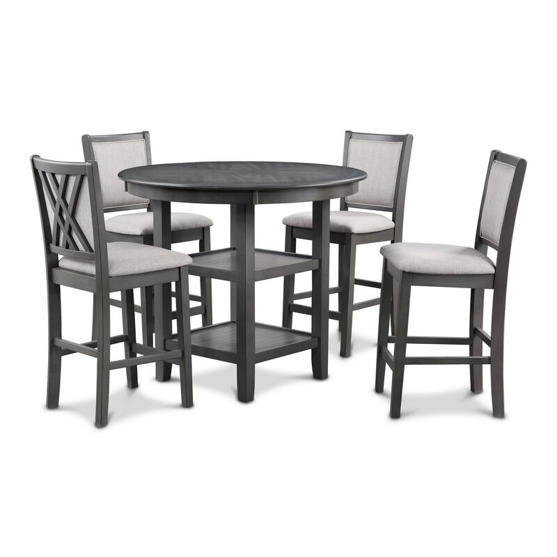 Isla 5 Piece Counter Height Table Set, 4 Crossback Chairs, Gray Polyester - Benzara