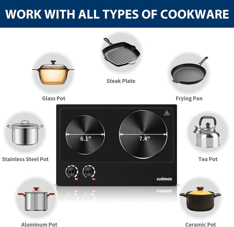 Cusimax Hot Plate, 1800W Electric Burner Double Hot Plate for Cooking Countertop Burner with Adjustable Temperature Control, Portable Cooktop image number 3