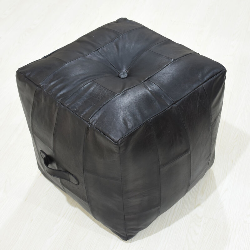 Geometric Handmade Leather Square Pouf 18"x18"x18" (Recycled Foam with Fibre Fill) Black Color MABBBACPF25 BBH Homes