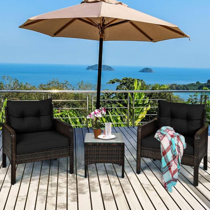 Hivvago 3-Piece Brown PE Rattan Outdoor Dining Patio Furniture Set with Black Cushions