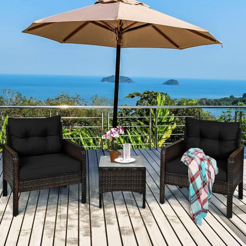 Hivvago 3-Piece Brown PE Rattan Outdoor Dining Patio Furniture Set with Black Cushions