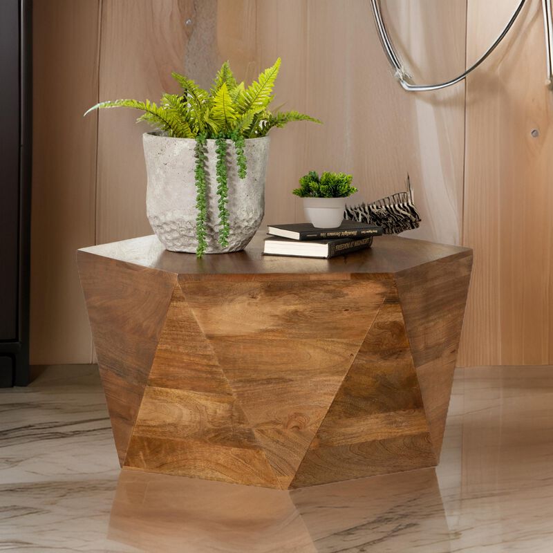 35 Inch Wood Drum Coffee Table, Artisan Hexagonal Rich Natural Brown Finish image number 5