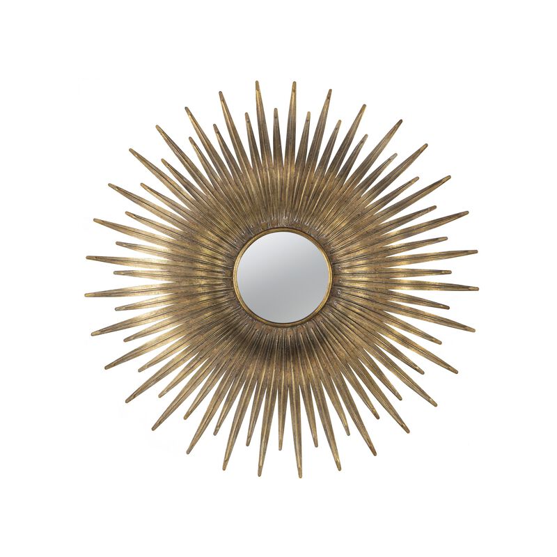 28 Inch Wall Mount Accent Mirror with Round Sunburst Iron Frame,  Gold - Benzara