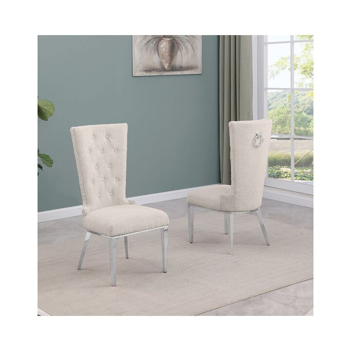 Cream Boucle Fabric With Silver Chrome Base Glam Dining Chairs (Set Of 2)