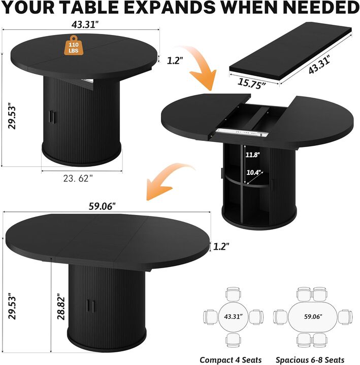 Vipbear 43" to 59" Extendable Round Dining Table, Solid Wood Top with Storage Cabinet, Kitchen