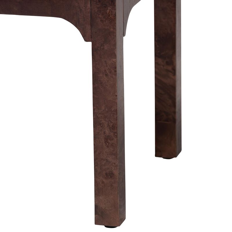 bali & pari Kayla Real Burl Wood Nightstand in Dark Walnut Brown - Modern Bedside Table with Two Drawers and Cutout Handle Design