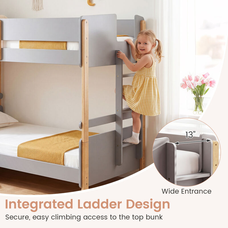 Twin Over Twin Bunk Bed with Ladder Converts to 2 Twin Beds Wood Frame image number 4