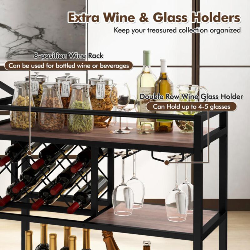 Hivvago 3-tier Bar Cart on Wheels Home Kitchen Serving Cart with Wine Rack and Glasses Holder
