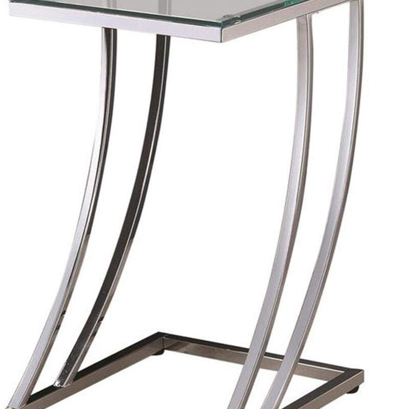 Contemporary Metal Accent Table With Glass Top, Clear And Silver-Benzara