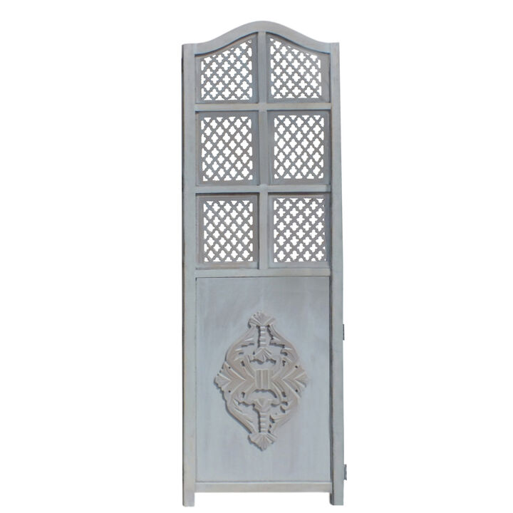 Three Panel Wooden Room Divider with Traditional Carvings and Cutouts, Blue