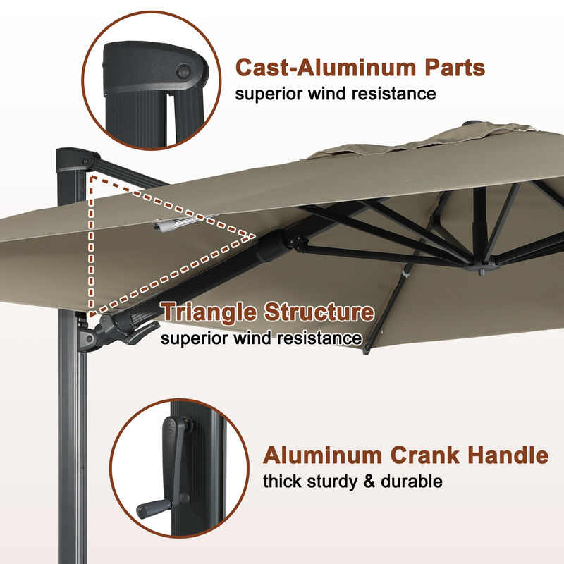 MONDAWE 10 ft. x 13 ft. Aluminum Frame Cantilever Patio Umbrella with LED Light, Large Canopy Offset Umbrella, 360-degree Rotation, 2 in 1 Crank Handle