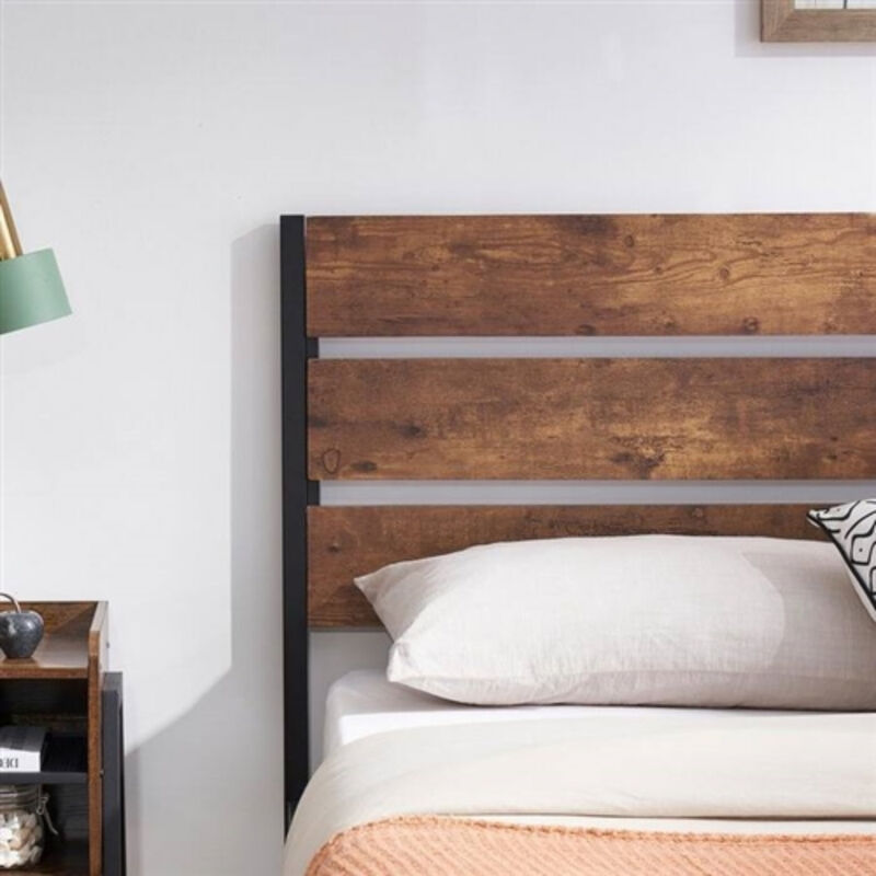 Sturdy Platform Bed Frame with Brown Wood Slats and Industrial Metal Design