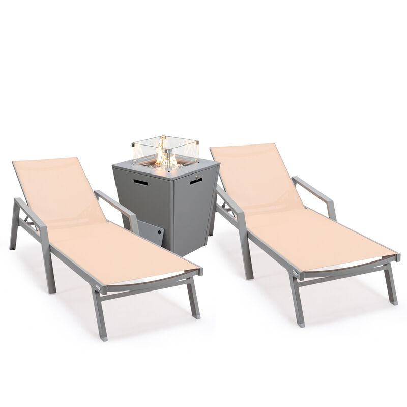 LeisureMod Marlin Modern Aluminum Outdoor Patio Chaise Lounge Chair With Arms in Grey Frame Set of 2 with Square Fire Pit Side Table