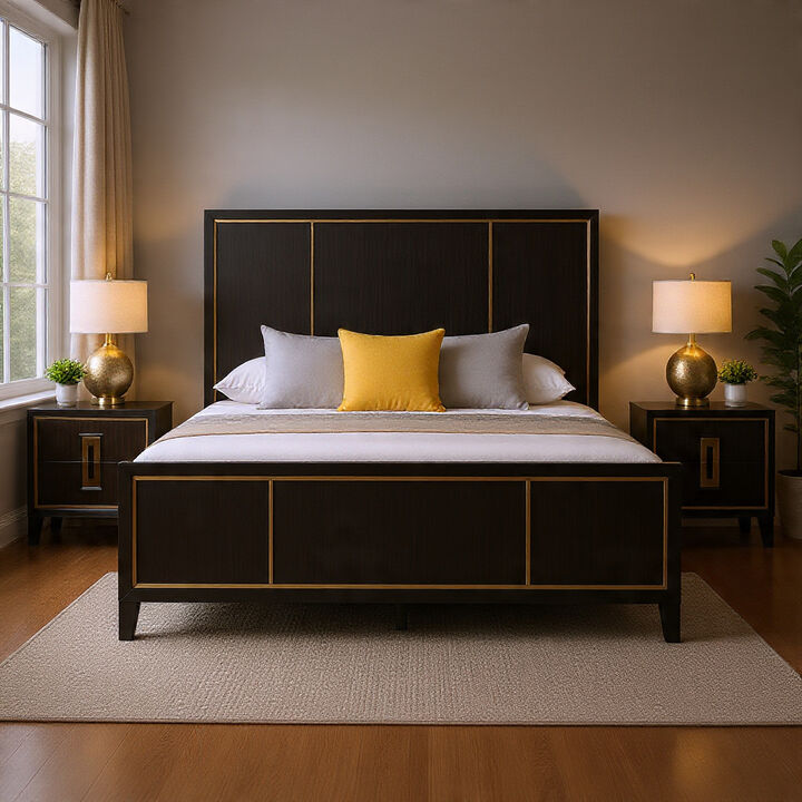 Queen Bedroom Set, Espresso Brown, Gold Wood, 3 Piece Set with 2 Nightstands