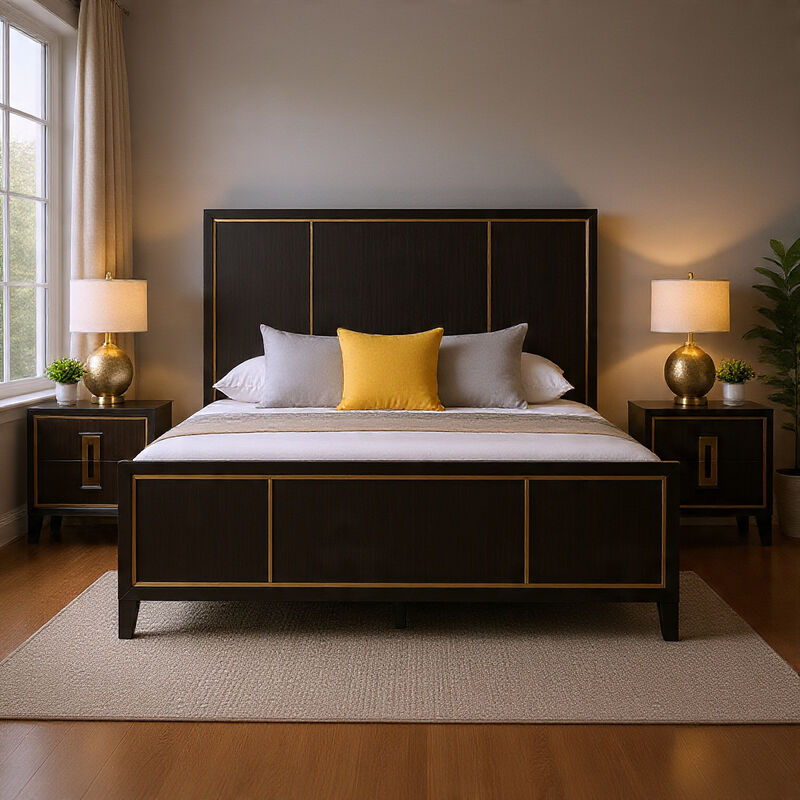 Queen Bedroom Set, Espresso Brown, Gold Wood, 3 Piece Set with 2 Nightstands image number 1
