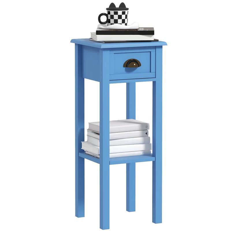 HOMCOM 2-Tier Side Table with Drawer, Narrow End Table with Bottom Shelf, for Living Room, Set of 1, Light Blue