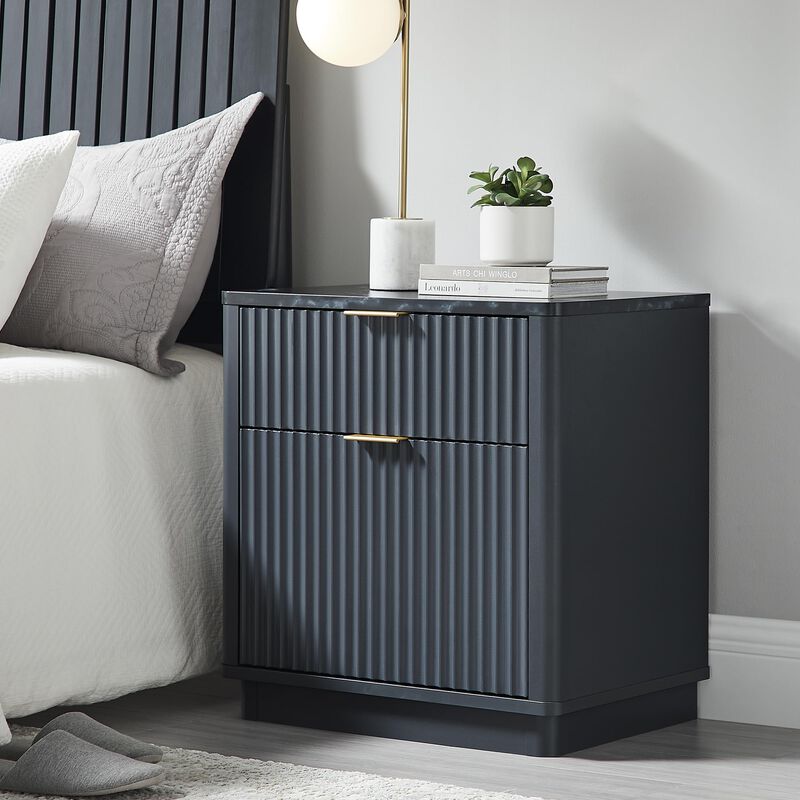 Fluted 2-Drawer Nightstand with Charging Station, Curved Modern Bedside Table image number 3