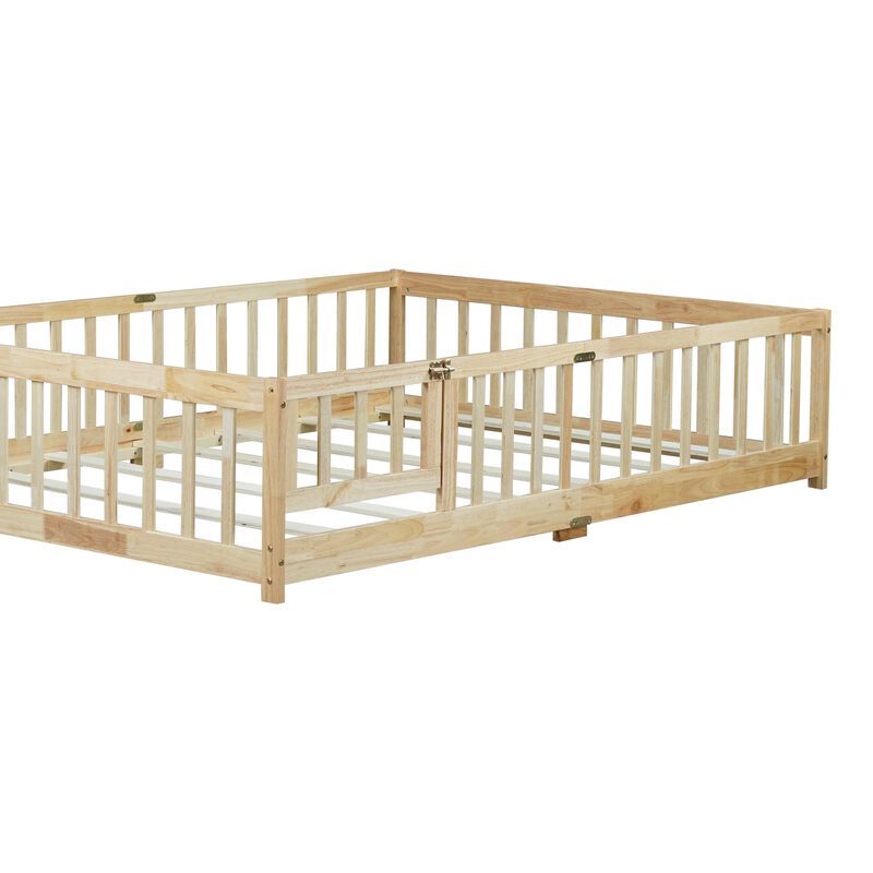 Whisen Full-Size Floor Bed with Safety Enclosure and Door, Rubber Wood Frame with Guardrail Fence image number 8