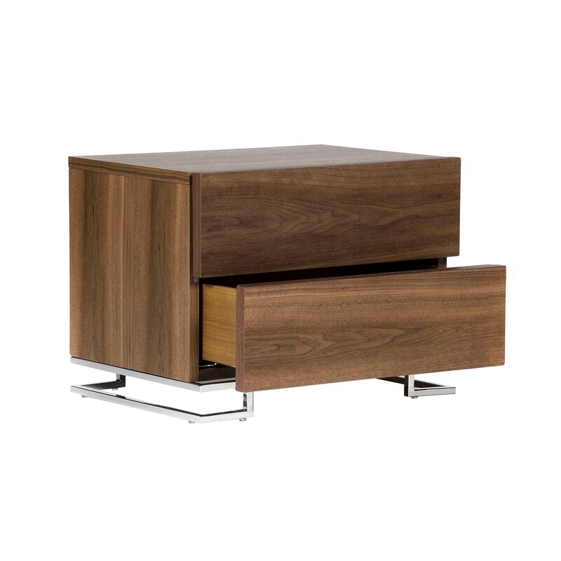 Sam 20 Inch Nightstand, 2 Drawers, Walnut Brown, High Polished Metal Legs - Benzara