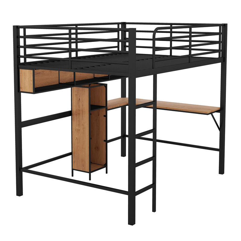 Whisen Modern Full Size Metal & Wood Loft Bed with L-shaped Desk and Shelves - Black & Walnut